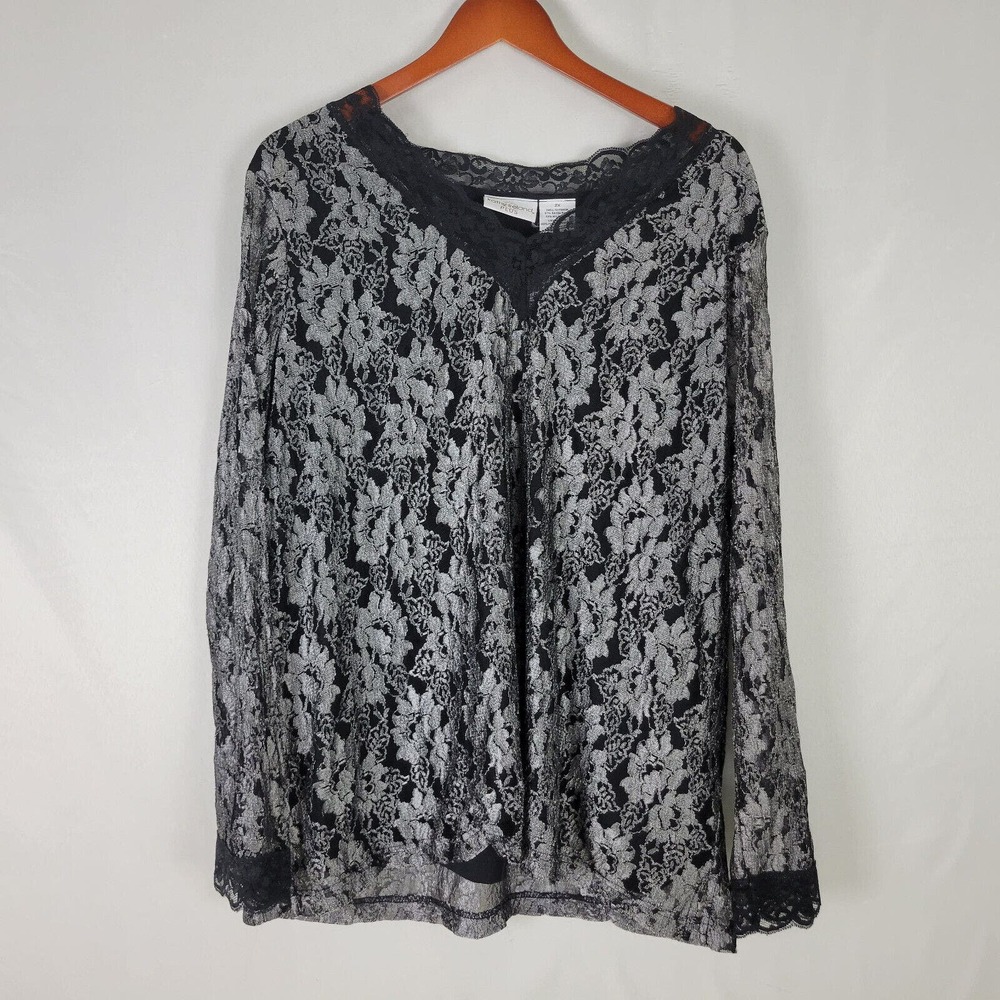 Kathy Ireland Womens Blouse 2XL Top Floral‎ Long Sleeve Lace V Neck Lined Shirt